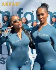 Custom Logo Women’s Sports Bodysuit Long Sleeve One Piece Zipper Romper Nylon Yoga Fitness Activewear Jumpsuit