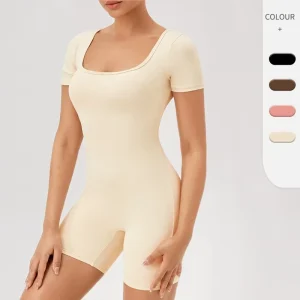 Custom Logo Women’s Square Neck Short Sleeve Unitard Slim Fit Activewear Bodysuit With Bike Shorts Length