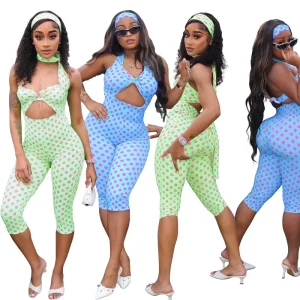 Custom Logo Women’s Streetwear Summer Skinny Fit Polka Dot Halter Bodysuit Bandage Wrap Bust Open Back Romper