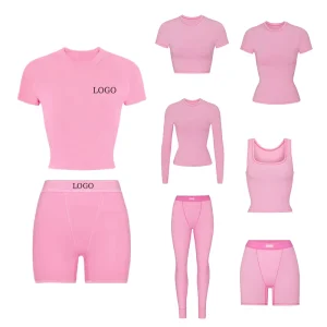 Custom Logo Women’s Two Piece Lounge Wear Set Women Cotton Ribbed Leggings Crop Top Loungewear Sets for Women