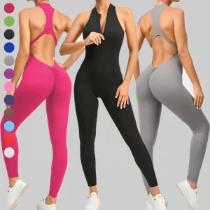 Custom Logo Women’s Zip Up Yoga Jumpsuit Slim Fit Sleeveless Workout Romper Sexy Hollow Out Bodysuit Women’s Sportswear