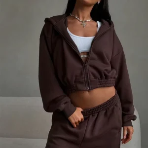 Custom Logo Women’s Zip up Heavyweight French Terry Crop Hoodies Cotton Fleece Hoodie and Jogger Set for Women