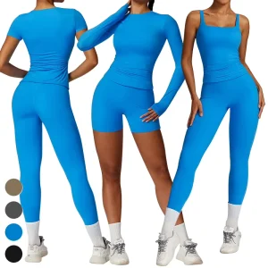 Custom Logo Workout Clothing Breathable High Waist Leggings Sport Shirts 5 Piece Suit Quick Dry Gym Fitness Sets Women Yoga Set