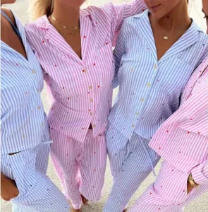 Custom Long Sleeve Women’s Pajamas Striped Seersucker Hearts Embroidery Matching Aesthetic Loungewear Women Pajama Set