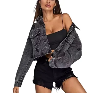 Custom Loose Cropped Jeans Denim Long Sleeve With Raw Frayed Short Women’s Denim Jacket for Ladies