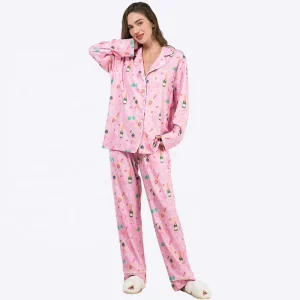 Custom Loungewear Women Sets Women’s Sleepwear Pajamas Set Lounge Wear Sleepwear Wine Bottle Print Shirt Long Pants Pajama Set