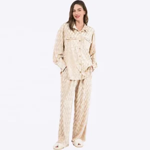 Custom Loungewear Women’s Sleepwear Pajamas Set Lounge Wear Spring and Autumn Pleated Shirt Pants Pajama Set