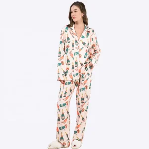 Custom Loungewear Women’s Sleepwear Pajamas Set Lounge Wear Spring and Autumn Wine Bottles Printed Shirt Pajama Set