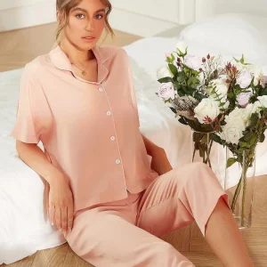 Custom Luxury Women Pajamas Loungewear Modal Women’s Sleepwear Winter Short Sleeve Bamboo Pyjamas With Piping PJ Sets