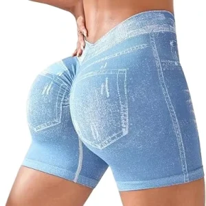 Custom Made Gym Booty Faux Denim Digital Print Biker Shorts 4-Way Stretch Butt Lifting Jean Style Breathable Women’s Yoga Shorts