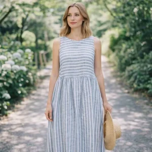 Custom-Made Linen Sleeveless Striped Summer Fashionable and Comfortable Casual Dress for Women Wear Elegant Women’s Clothing