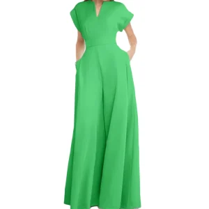 Custom Made OEM ODM Women’s Jumpsuits V Neck Solid Color Slim Waist Wide Leg Jumpsuits Summer Jumpsuit