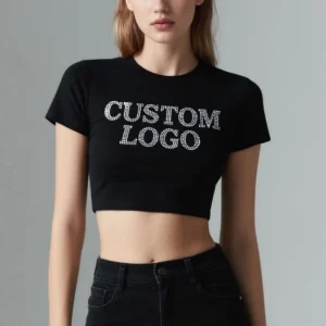 Custom Made Women’s Loose Fit Short Sleeve Crop Top With Rhinestone Logo Printed Summer 210g Spandex Cotton Knitted T-Shirt