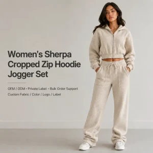 Custom Made Women’s Oatmeal Sherpa Cropped Zip Hoodie Jogger Set Textured Fleece Casual Two Piece Loungewear Tracksuit