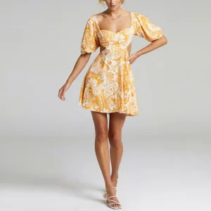 Custom Manufacturer Women’s Fashion High Quality Short Puff Sleeve Yellow Floral Sweet Backless Mini Dress