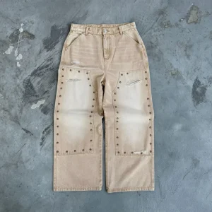 Custom Men Wide Leg Carpenter Jeans Double Knee Bronze Stud Panel Distressed Acid Wash Vintage Streetwear Trousers