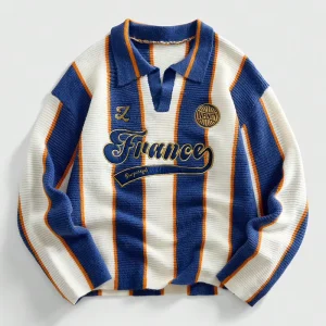 Custom Men’s Striped Knitted Sweater Vintage V Neck Collared Preppy Custom Logo Manufacturer OEM ODM Low MOQ Bulk