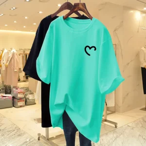 Custom Micro Label 100% Cotton Women’s Summer Short Sleeve T shirt Loose Round Neck Top Love Print Breathable Long Length Top