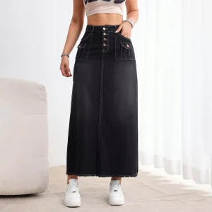 Custom Multi-pocket Design Single Breasted Washed High Waist Cropped Women’s Denim Skirt