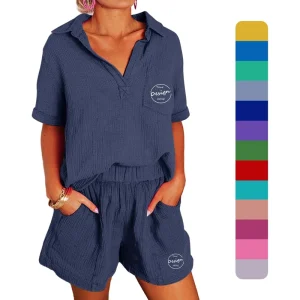 Custom New Casual Street Wear Loose Fashionable Breathable Cotton and Linen Pocket Short Sleeved Shorts Women’s Sports Set