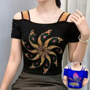 Custom New Design Women Butterfly Rhinestone Off Shoulder Shiny Sequined Tee Tops Nightclub Short Sleeve Shirts Party T-shirt