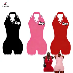 Custom New Fashion Women’s Sexy Backless Red Halter Women Jumpsuit One Piece Summer Bodycon Short Backless Women Jumpsuit