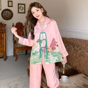 Custom Notched Collar Santin Sexy See Through Sleepwear Women’S Sleepwear Nightdress Silk Pyjamas Women Sleepwear