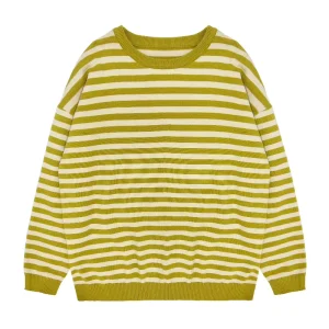 Custom ODM Loose Crew Neck Spring Autumn Knitted Sweater Striped Women’s Cotton Pullover Knitted Sweater