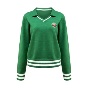 Custom ODM OEM Green Sporty Tennis Style Polo Collar Knitted Long Sleeve Women’s Pullover Knitted Sweater