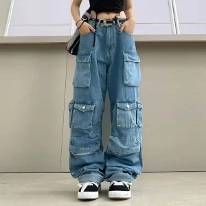 Custom OEM Manufacturer Vintage Pockets High Waist Streetwear Baggy Casual Ladies Long Parachute Cargo Pant for Women Trousers
