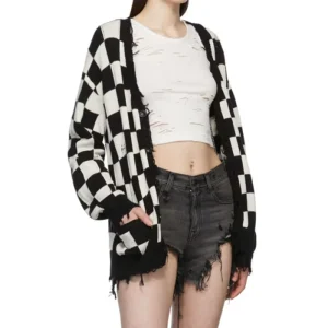 Custom OEM ODM Logo Women’s Casual Black White Character Pattern Winter 100% Cotton V neck Anti Wrinkle Thick Cardigan