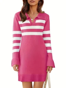 Custom OEM ODM Manufacturer Elegant V-neck Striped Polyester Knit Dress Women’s Long Sleeve Slim Fit Ribbed Knit Mini Dress