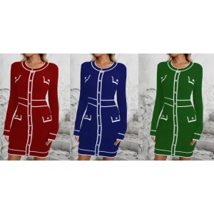 Custom OEM ODM Sorority Women’s Crewneck Knitted Dress Elegant Slim Fit Long Sleeves Sweater Dress
