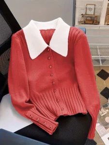 Custom OEM ODM Sweet Cable Knit Women’s Turndown Collar Sweater Cardigan Casual Long Sleeve Cardigan for Spring