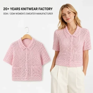 Custom OEM ODM Women Pink Crochet Knit Cardigan Short Sleeve Button Up Openwork Sweater Top With Patch Pockets