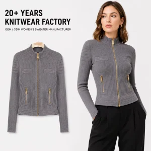 Custom OEM ODM Women Ribbed Knit Zip Cardigan Stand Collar Slim Fit Sweater Jacket With Metal Zipper Pockets