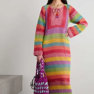 Custom OEM ODM Women’s Casual A-Line Dress Sweater Hand-Crocheted Solid Pattern Knitted Weaving Summer Season Natural