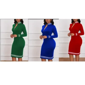 Custom OEM ODM Women’s Striped Knitted Dress Long Sleeve Zip up Slim Fit Sweater Dress