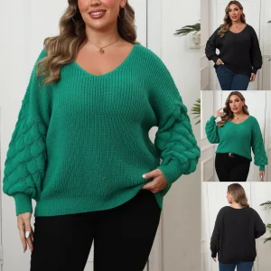 Custom OEM Plus Size Women’s Deep V-Neck Machine Knitted Pom Pom Sleeve Casual Pullover Sweater From Factory