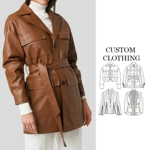 Custom OEM Women’s Long Down Filled Sheepskin Leather Jackets Solid Woven Outdoor Tunic Coats Nylon Lady’s Size L Fall Winter