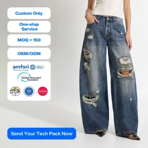 Custom OEM Womens Wide Leg Distressed Denim Jeans High Waist Loose Fit Studded Ripped Baggy Pants Streetwear Designer