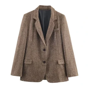 Custom OEM Women’s Wool Blend Herringbone Blazer Two Button Loose Fit Elegant Autumn Winter Office Wear Formal Jacket