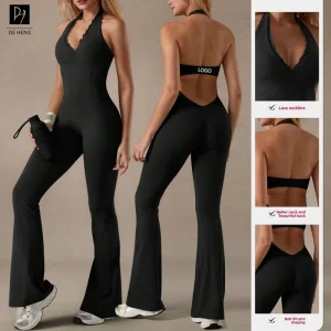 Custom One Piece Scrunch Butt Yoga Flared Pants Jumpsuit Skin-Friendly Yoga Bodysuits Backless Breathable Women Jumpsuit For Gym