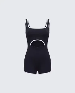 Custom One Piece Women’s Workout Athletic Yoga Jumpsuit Black Contrast Binding Onesie Sleeveless Knit Romper