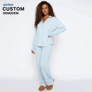 Custom Organic Cotton Women Pajamas Set Casual Long Sleeve Modal Pj Knitted Elastic Waist Breathable Sleepwear Loungewear Set