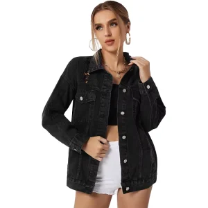 Custom Oversized Fashion Ladies Women’s Denim Jacket Unisex Loose Denim Coat Dropped Shoulder Black