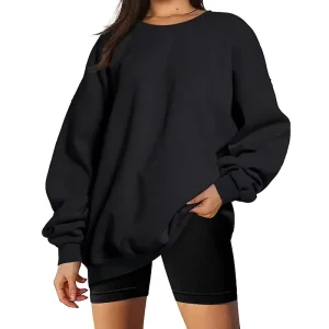 Custom Oversized Long Sleeve Women’s Sweatshirt Fall Trendy Black Casual Pullover Top with Crewneck and Hood Knitted Fabric