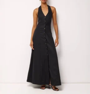 Custom Own Logo Summer Women’s Dresses Elegant Linen Dress Pure Black Plus Size Long Halter Dresses for Women