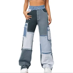 Custom Patchwork Jeans Cotton Denim Pants Multi-pocket Cargo Jeans Pants Fashion Swag Streetwear High Waist Straight Denim Pants