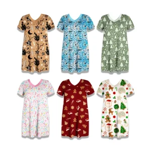 Custom Pattern Women’s Nightgown Bamboo Pajamas Smoother Hand Feel Short Sleeve Sleep Dress For Women